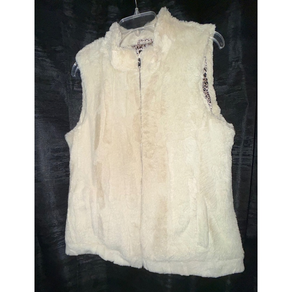 Miss Ashley Women's Large Ivory Faux Fur Vest Leopard Lined Full Zip Boho